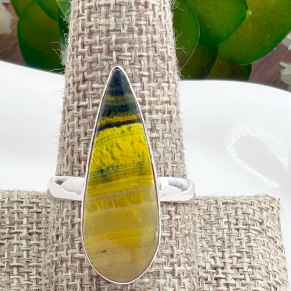 Pure Sterling Silver 925 Bumblebee Jasper Long Ring Size 10 Southwest Handmade